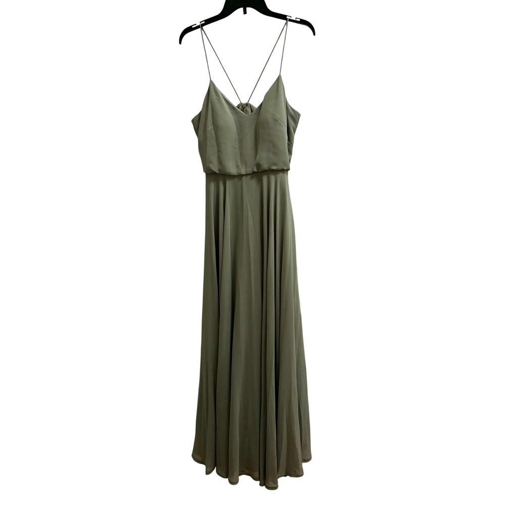 Jenny Yoo Maxi Dress Womens 6 Sage Green V-Neck Spaghetti Strap Wedding Gown